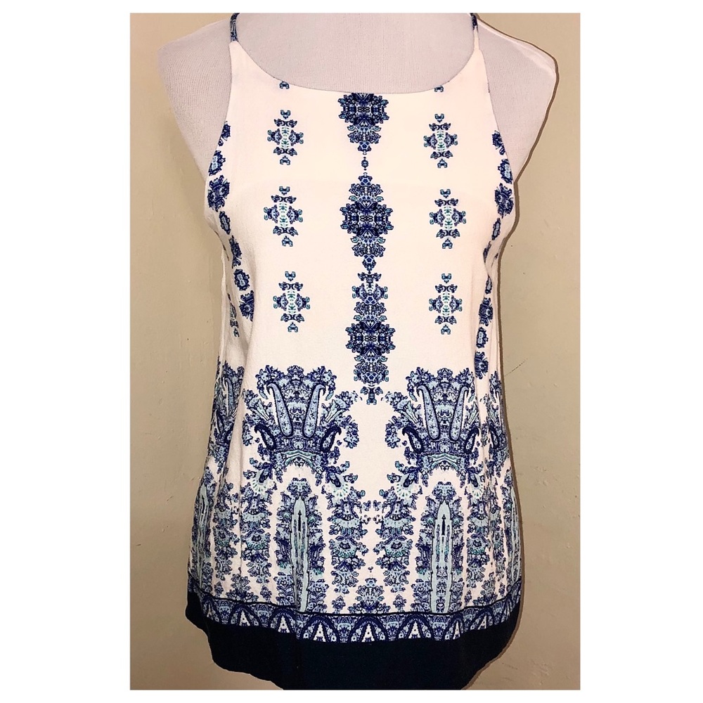 Verse White & Blue Border Print Spaghetti Strap Tank Top, Sz M